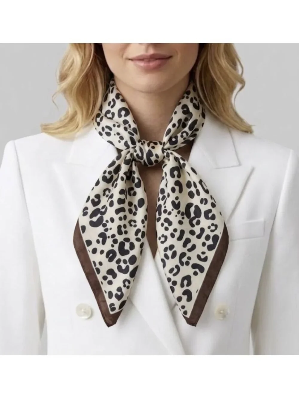 Luxury Elegant Bandana Square Scarf Silky Satin Animal Print Leopard Beige Brown